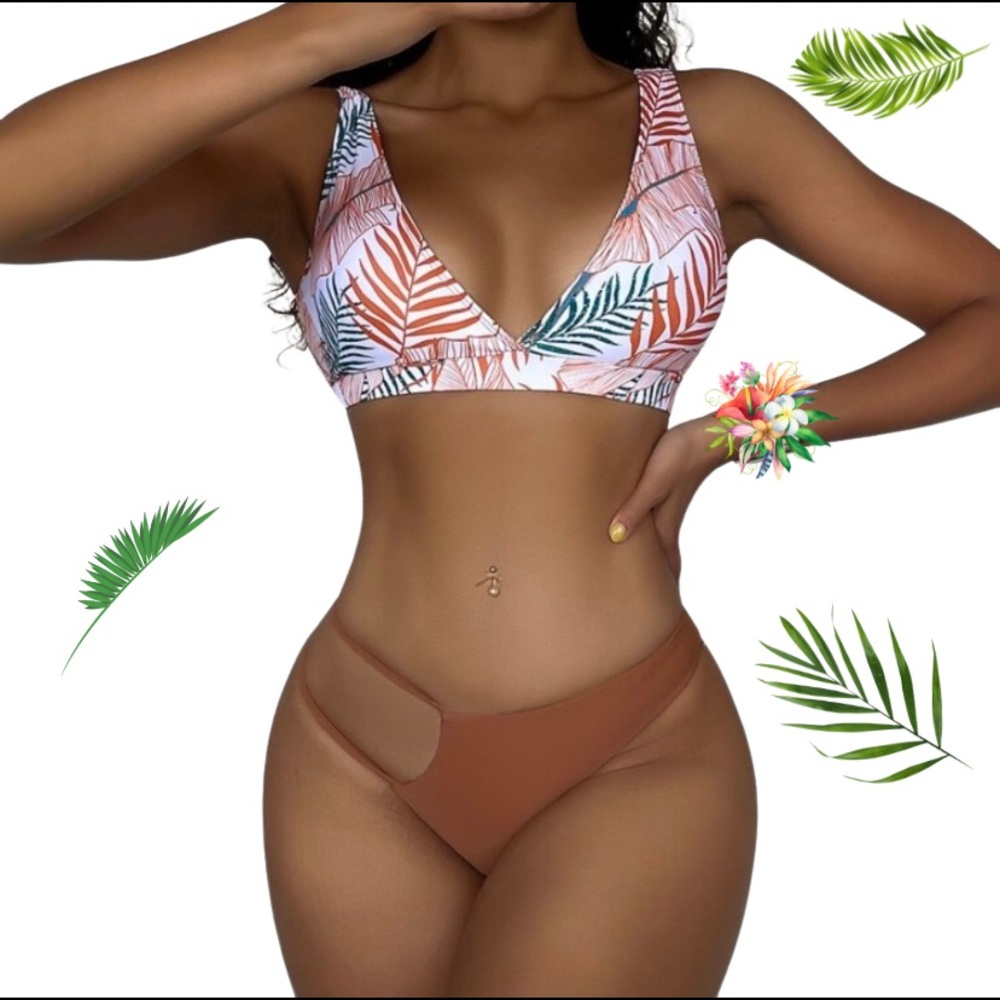 🌸Sexy Tropical Brown & Green Bikini w/Palm Leaves & Brown Bikini Bottom🌴 Med 6